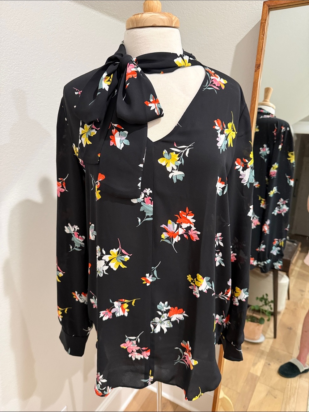 Ann Taylor Black Floral Tie-Neck Blouse with Colorful Accents